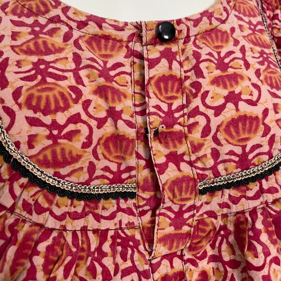 Handmade Muumuu Dress Batik Ruffle Neckline Short Sleeve Red Yellow Women Mumu - Picture 8 of 9